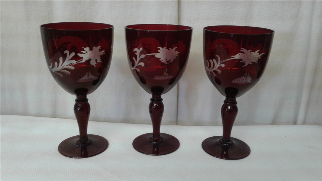VINTAGE EGERMANN BOHEMIAN RUBY CUT CLEAR DECANTER MATCHING GLASSES AND 6 CLEAR WINE GLASSES