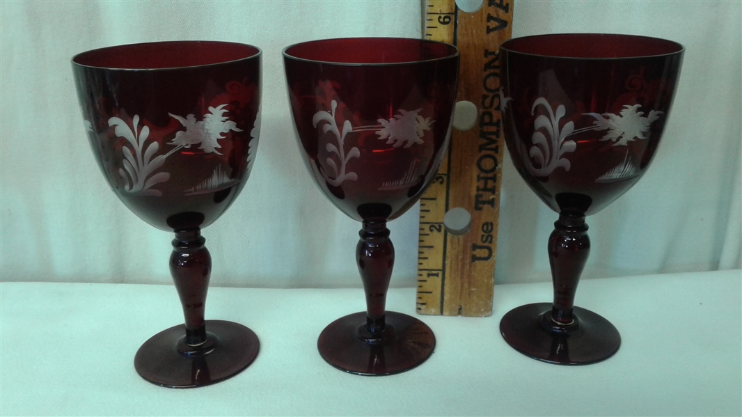VINTAGE EGERMANN BOHEMIAN RUBY CUT CLEAR DECANTER MATCHING GLASSES AND 6 CLEAR WINE GLASSES