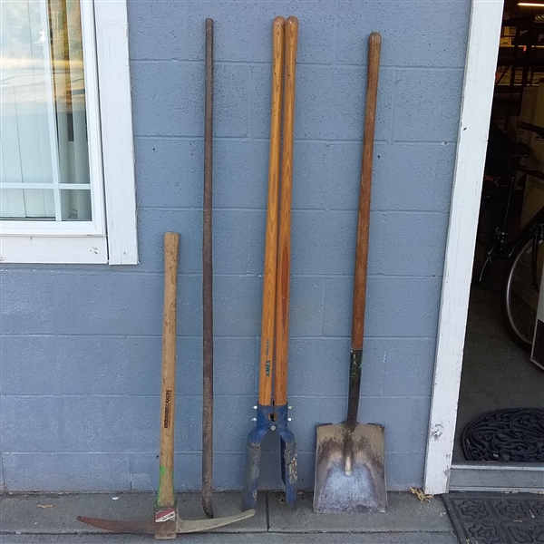 POST HOLE DIGGER, CHISEL PICK, FLAT HEAD SHOVEL & PRY BAR