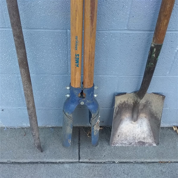 POST HOLE DIGGER, CHISEL PICK, FLAT HEAD SHOVEL & PRY BAR