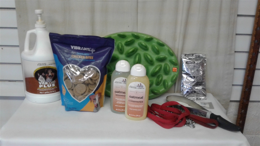 DOG GOODIE LOT-  ADVANTIX, SHAMPOO, TREATS, DESHEDDER, ETC