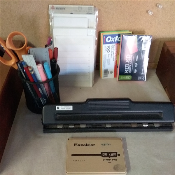 BULLETIN BOARD, 3 HOLE PUNCH, STAPLER AND OTHER OFFICE SUPPLIES