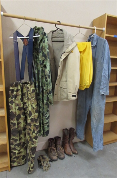COVERALLS, CAMO PANTS, JACKETS AND BOOTS