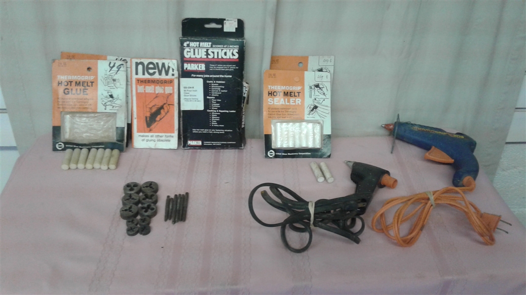 THERMOGRIP GLUE GUNS AND ASSORTED GLUES/SEALERS + TAP AND DIE SET