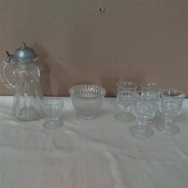 VINTAGE ANTIQUE SYRUP DISPENSER,  SUGAR DISH, SHERRY GLASSES AND EGG CUP