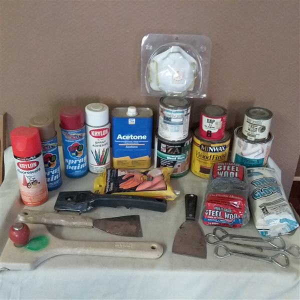PAINT SCRAPERS, STEEL WOOL, PLASTIC DROP CLOTH, STAIN & OTHER PAINTING SUPPLIES 