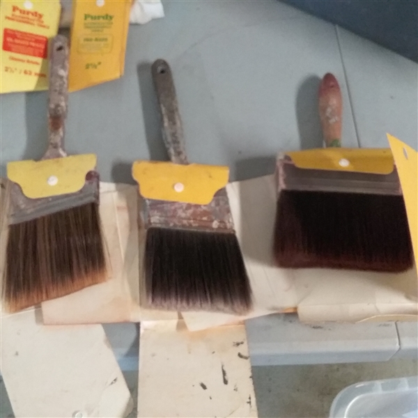 PAINTERS DROP CLOTH, PURDY AND OTHER PAINT BRUSHES,  ROLLERS 