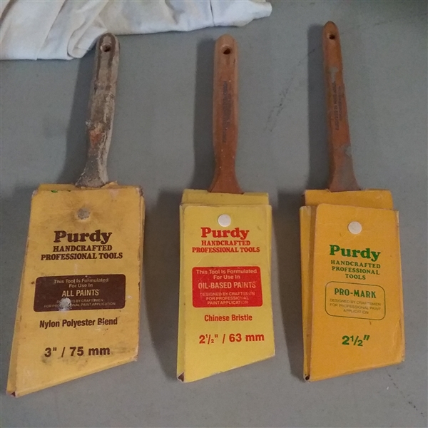 PAINTERS DROP CLOTH, PURDY AND OTHER PAINT BRUSHES,  ROLLERS 