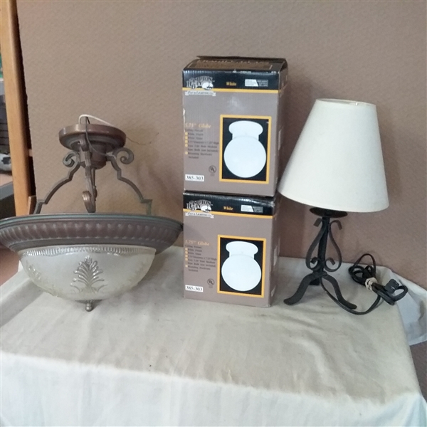 VINTAGE CEILING LIGHT, GLOBE LIGHTS AND SMALL LAMP