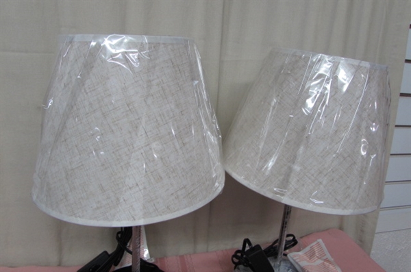 PAIR OF HAITRAL MODERN BEDSIDE LAMPS WITH LINEN LOOK SHADES