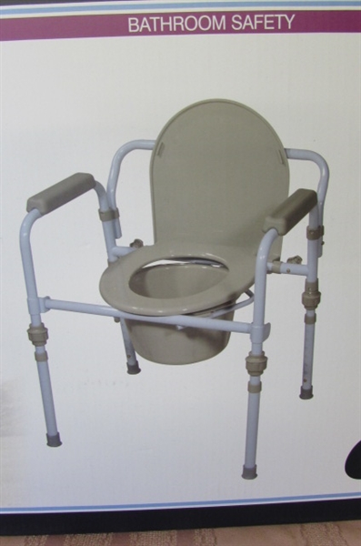 Drive Medical Folding Bedside Commode Seat with Commode Bucket and Splash Guard, Powder Blue