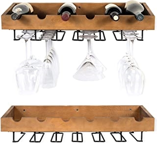 1 - 6 Bottle Wall Mounted Walnut Stained Wood Wine Stem Rack for Bottles and Stemware