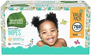 Seventh Generation Baby Wipes, Free & Clear Unscented and Sensitive, Gentle as Water, with Flip Top Dispenser, 768 CT