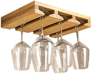 6 Row BAMBOO Wine Glass Holder with 6 Cup Hooks - Under Cabinet Mount