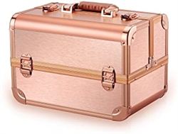 Ovonni Rose Gold Professional Portable Makeup Train Case, Artist Lockable Aluminum Cosmetic Organizer Storage Box 