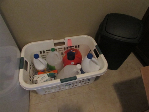LAUNDRY BASKET FULL OF SUPPLIES PLUS TRASH CAN