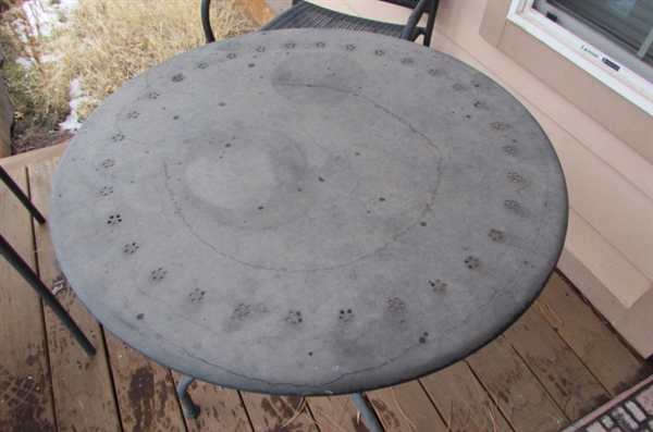 BISTRO PATIO TABLE & 3 METAL PATIO CHAIRS
