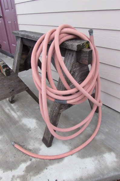 3 WOODEN SAW HORSES & A HOSE