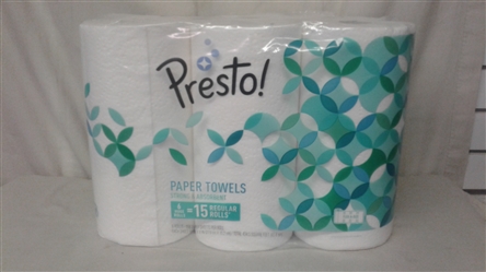 PRESTO PAPER TOWELS 6 HUGE ROLLS= 15 REGULAR ROLLS