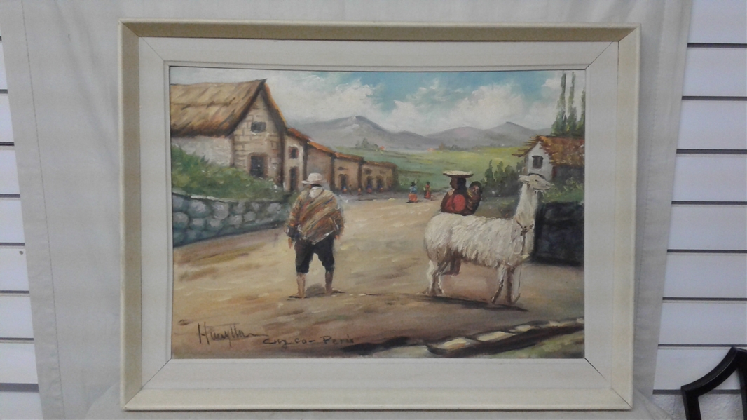 PERU VILLAGE FRAMED OIL PAINTING