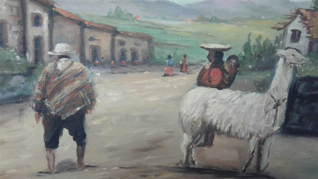 PERU VILLAGE FRAMED OIL PAINTING