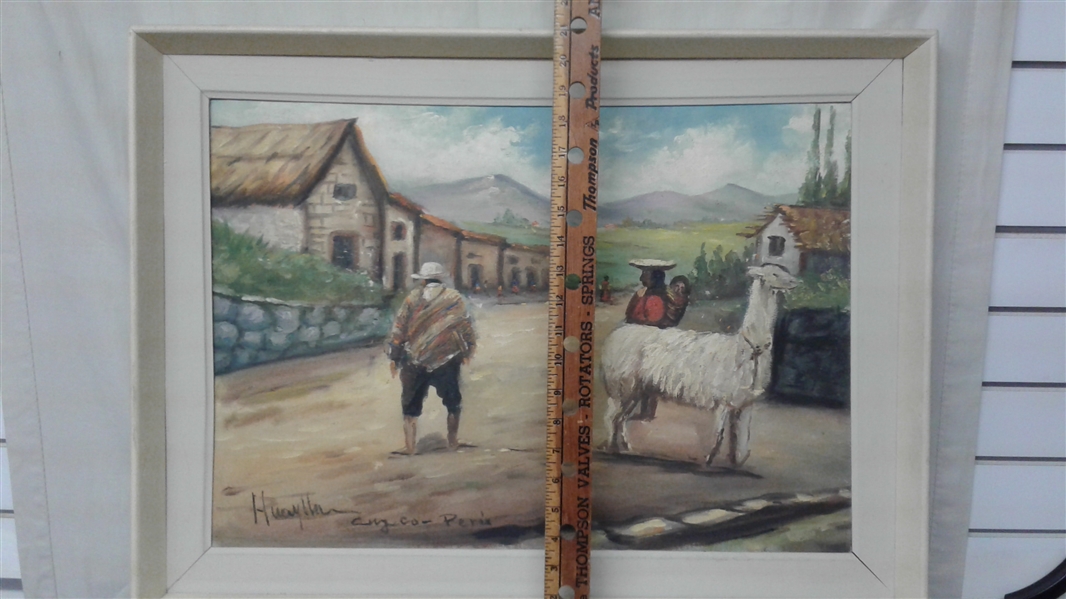 PERU VILLAGE FRAMED OIL PAINTING