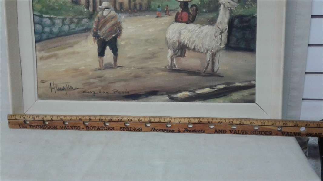 PERU VILLAGE FRAMED OIL PAINTING