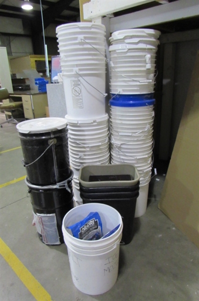 LOTS OF 5 GALLON BUCKETS, WASTE BASKETS & MORE