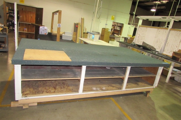 LARGE WORK TABLE WITH CARPETED TOP & ENCLOSED SHELVES ON EACH SIDE