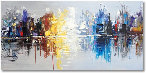 HAND PAINTED CITYSCAPES  REFLECTION MODERN OIL PAINTING ON CANVAS