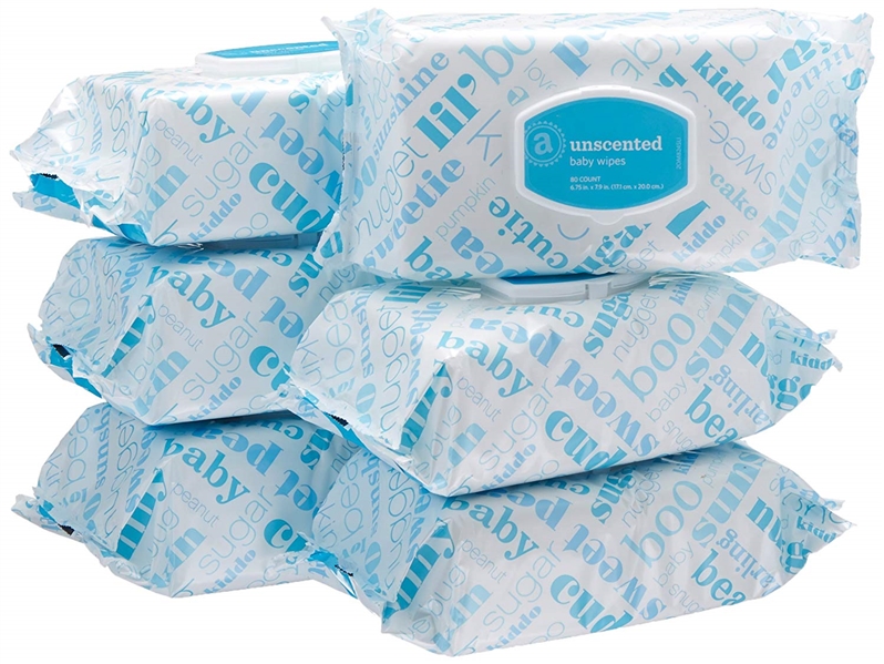 Amazon Elements Baby Wipes, Unscented, 480 Count, Flip-Top Packs