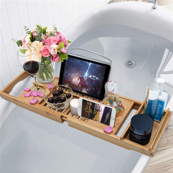 BAMBOO BATHTUB CADDY WITH BOOK AND WINE GLASS HOLDER