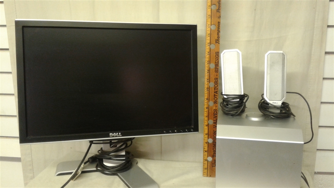 DELL COMPUTER MONITOR, SUB WOOFER, AND SPEAKERS