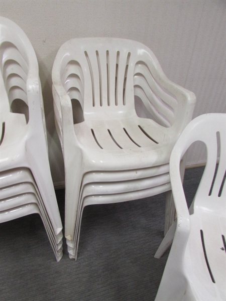 11 WHITE RESIN PATIO CHAIRS