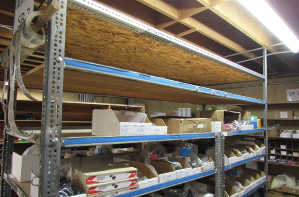 LARGE INDUSTRIAL SHELVING UNIT WITH WOOD SHELVES