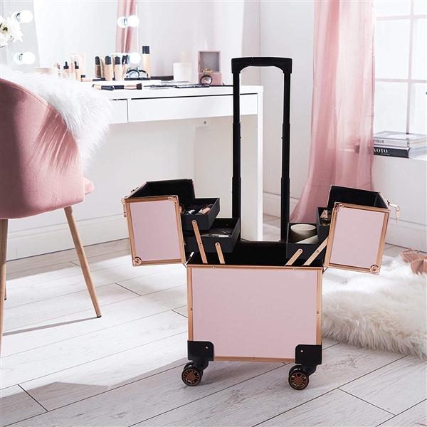 LOCKING ROSE GOLD AND PINK COSMETIC CART TRAIN CASE-NO WHEELS