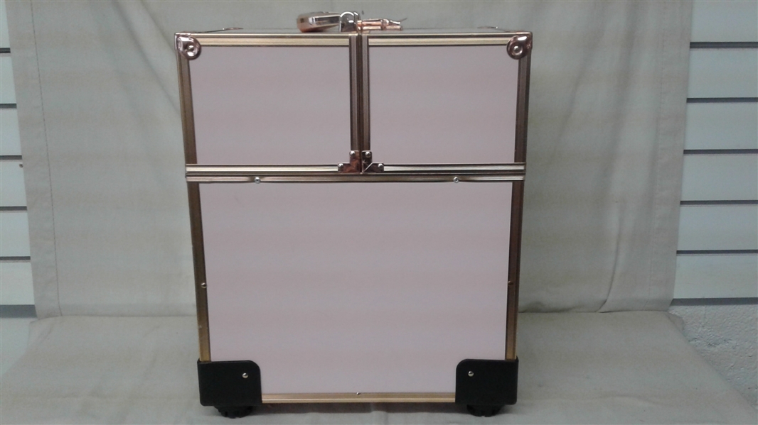 LOCKING ROSE GOLD AND PINK COSMETIC CART TRAIN CASE-NO WHEELS