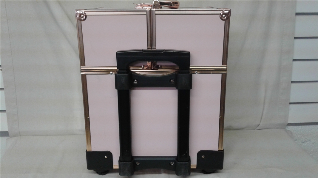 LOCKING ROSE GOLD AND PINK COSMETIC CART TRAIN CASE-NO WHEELS