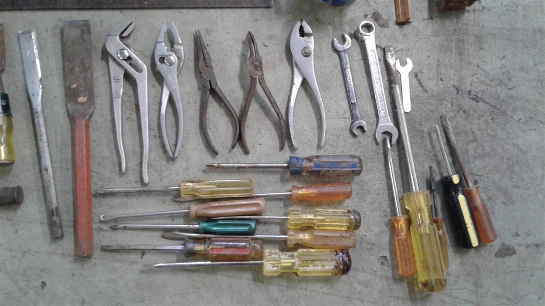 TOOL BOX, LEVELS, SQUARE, SAWS, AND HAND TOOLS