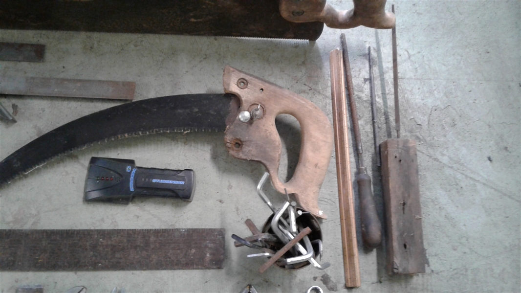 TOOL BOX, LEVELS, SQUARE, SAWS, AND HAND TOOLS