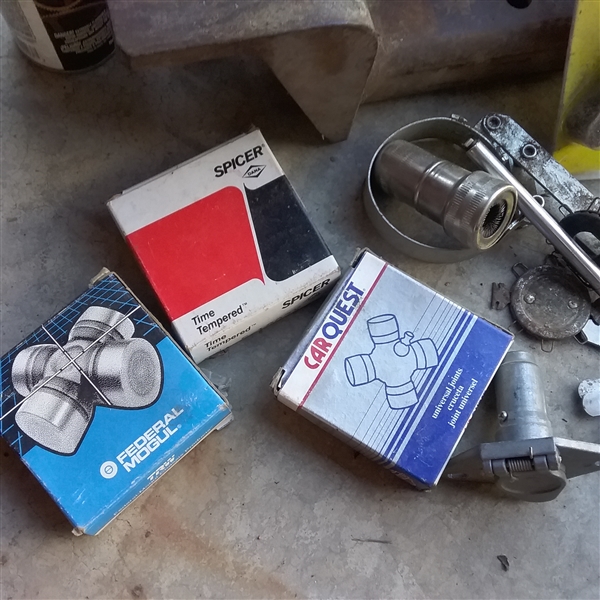 HIGH LIFT JACK, OIL FILTER WRENCH, OILER, UNIVERSAL JOINTS, AND MORE AUTO PARTS