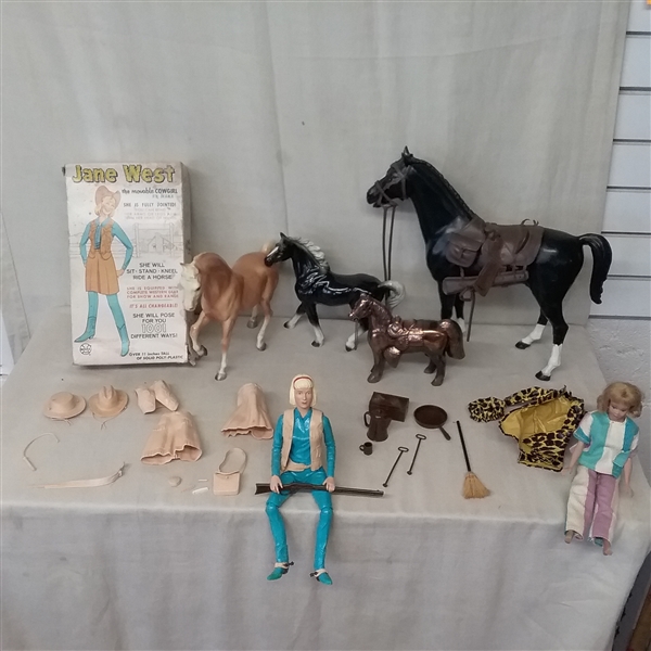 VINTAGE TOYS AND HORSES FROM 1960'S MIDGE BARBIE, JANE WEST, AND MORE
