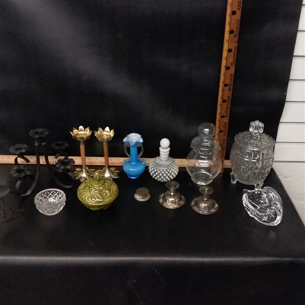 CANDLE HOLDERS, DECANTER, VASES, AND MORE