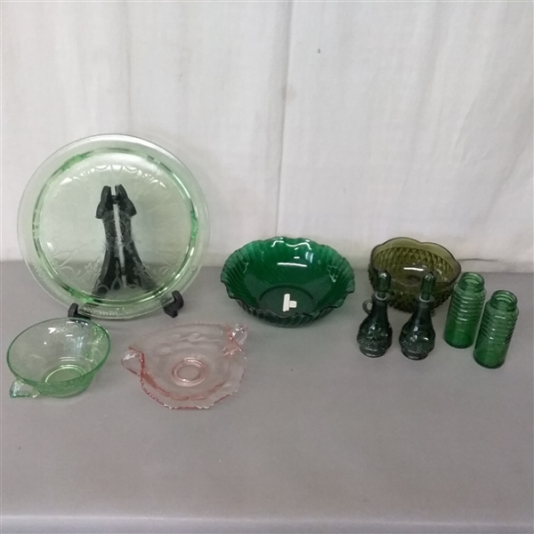 DEPRESSION GLASS AND VINTAGE GREEN GLASS