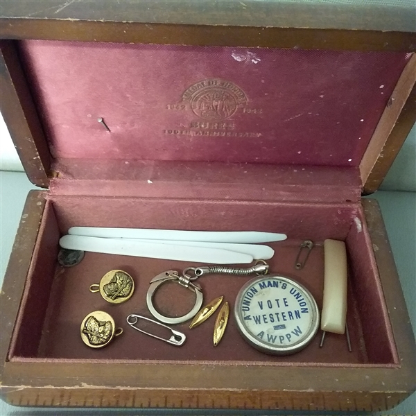 VINTAGE CARAVELLE POCKET WATCH, GOLD PINS AND TIE CLIPS, CARDS AND OTHER MISC ACCESSORIES AND TRINKETS