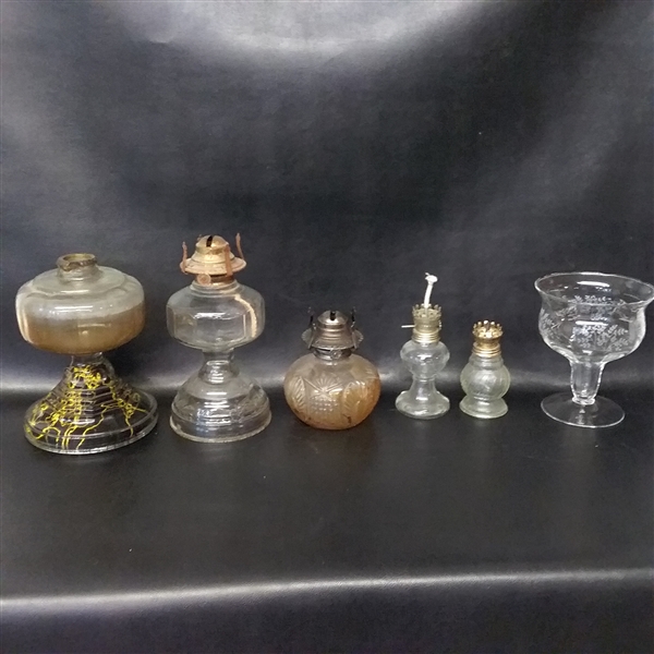 5 Glass Oil Lamps and an Etched Glass Crystal Dish