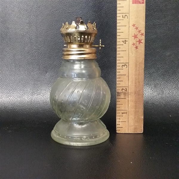 5 Glass Oil Lamps and an Etched Glass Crystal Dish