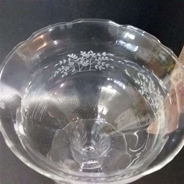 5 Glass Oil Lamps and an Etched Glass Crystal Dish