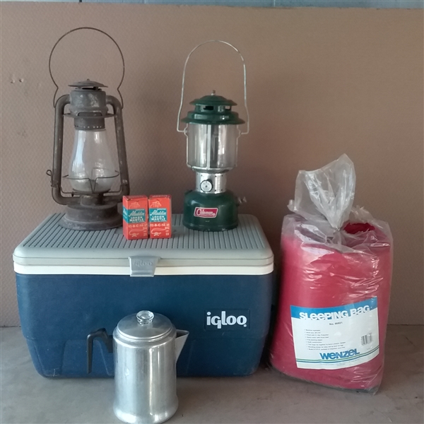 Igloo Ice Chest, Coffee Pot, Sleeping Bag, and Lanterns
