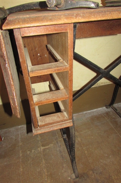 ANTIQUE WOODEN SEWING MACHINE CABINET, TREADLE PLATE AND WHEEL
